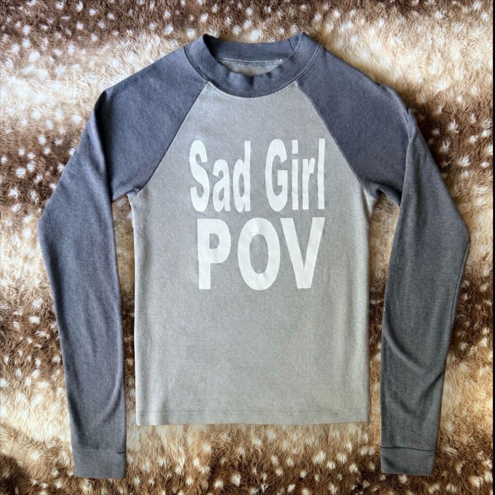 Urban Outfitters M sad girl POV gray ribbed long sleeve baseball tee M